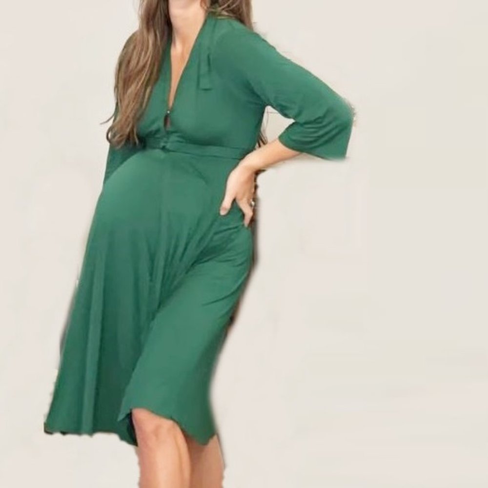 TikTok Lila Labor Postpartum Delivery Gown Emerald + Newborn Swaddle & Hat, NWOT